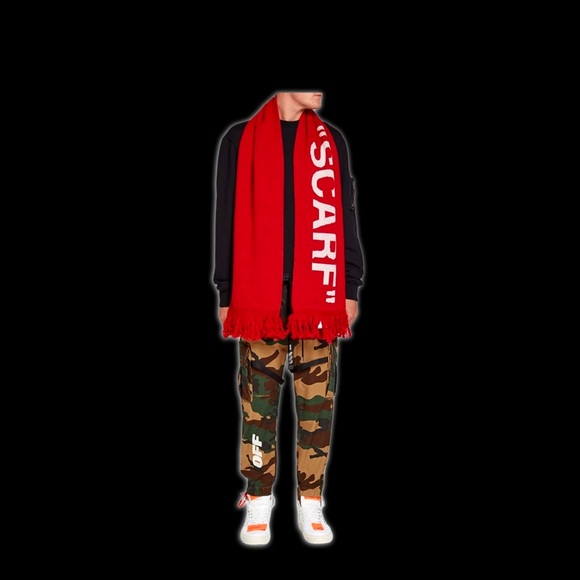 Off-White Red Fringed Scarf Intarsia-knit Wool Scarf - Picture 7 of 8